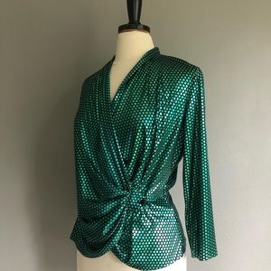 Vintage Green Shiny Polkadot Wrap Blouse s/m